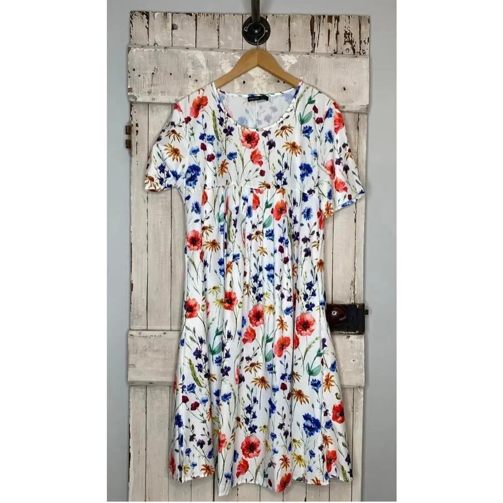 Floral dress Orange, Blue & White short sleeve Polyester Spandex Size XL